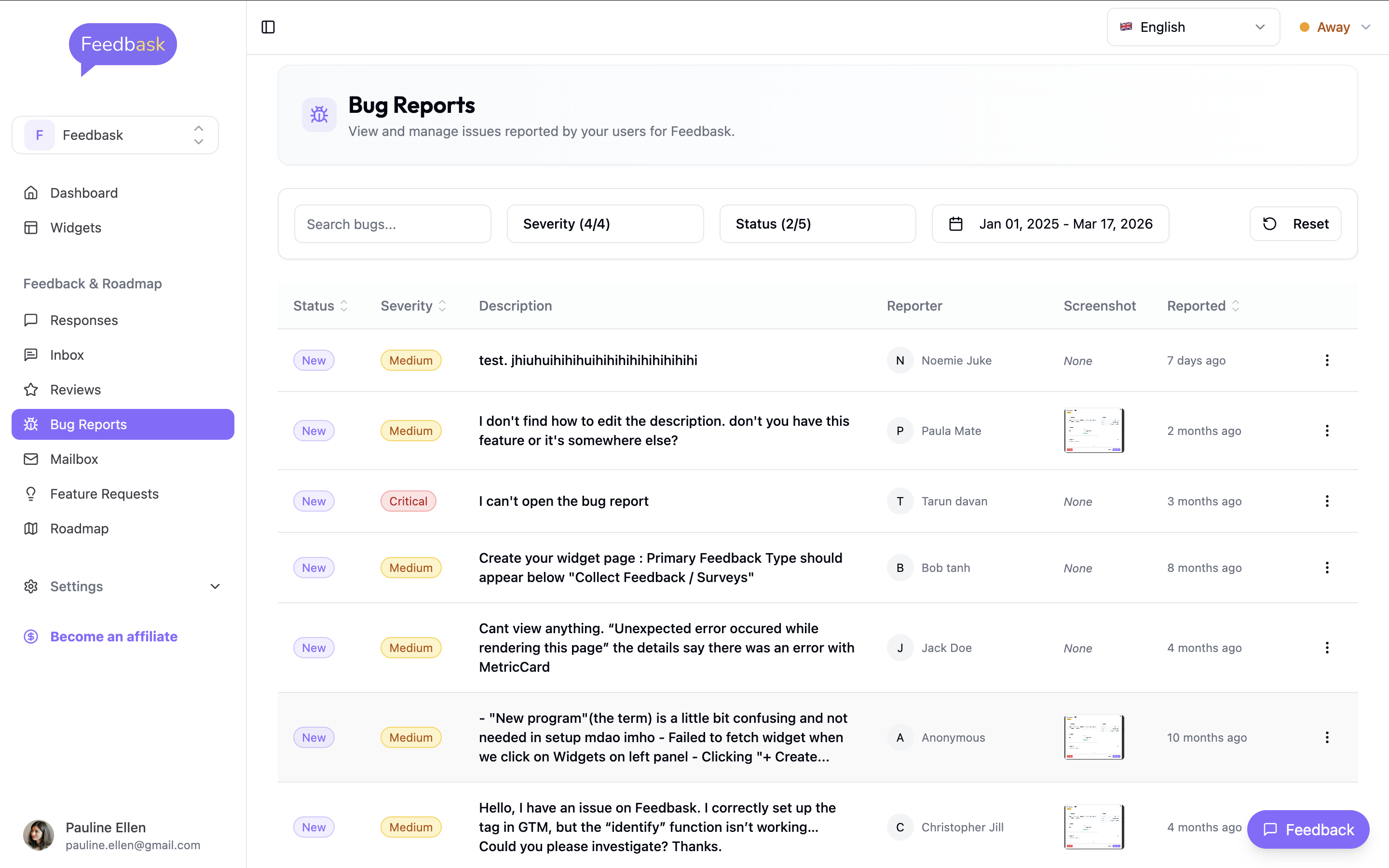 Feedbask dashboard or interface